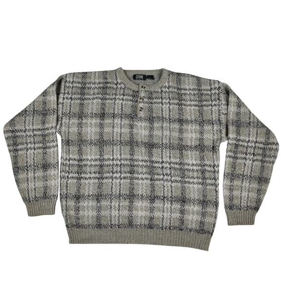 Vintage beige/gray plaid button neck sweater men's size large preppy grandpa - Picture 1 of 7